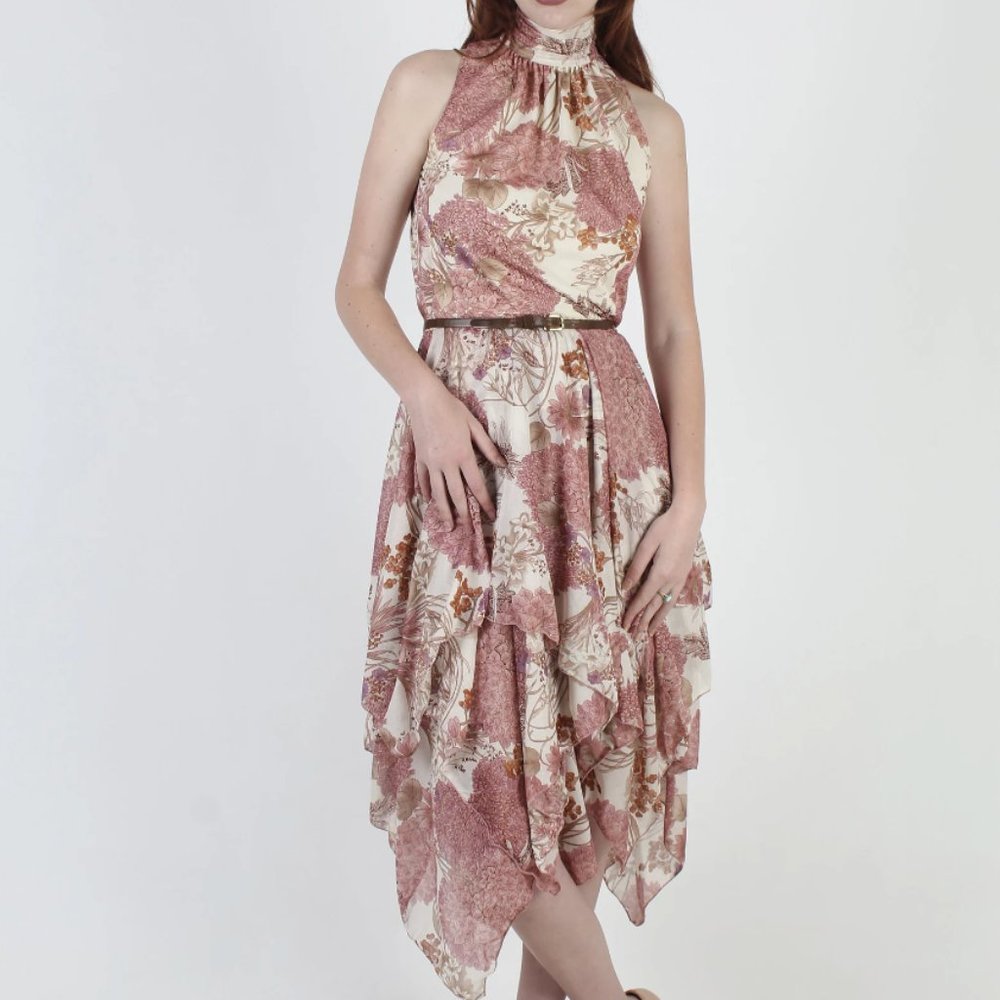 Genuine 1970s Vintage Halter Dress -- Spring, Floral, Sustainable Fashion